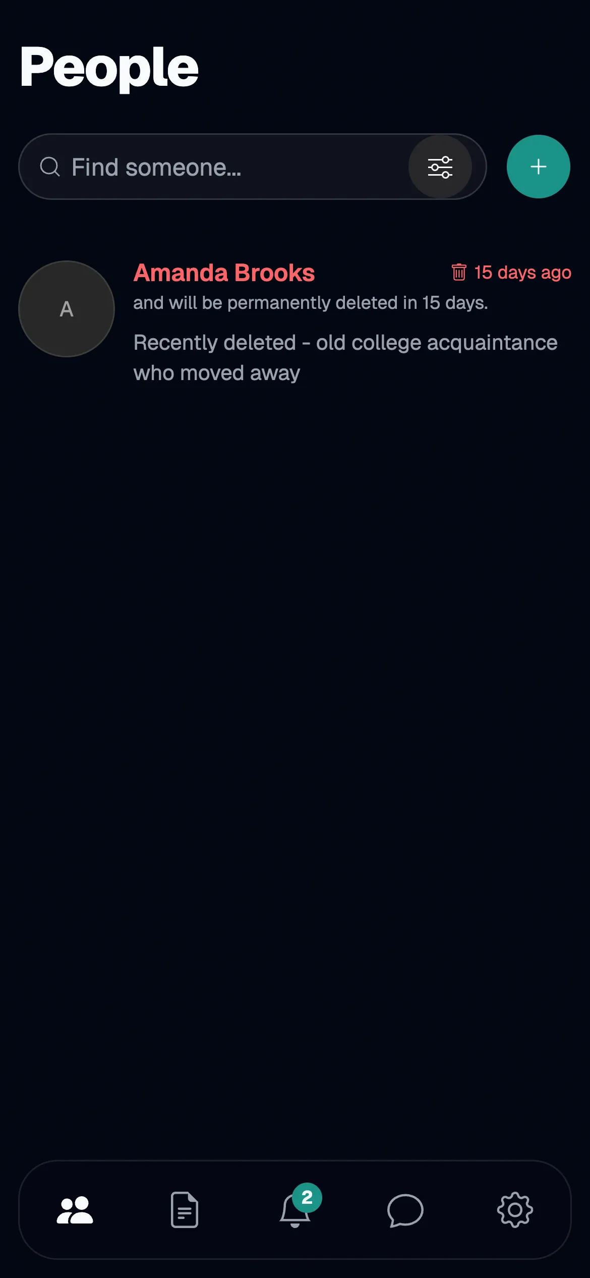 The people screen showing deleted people
