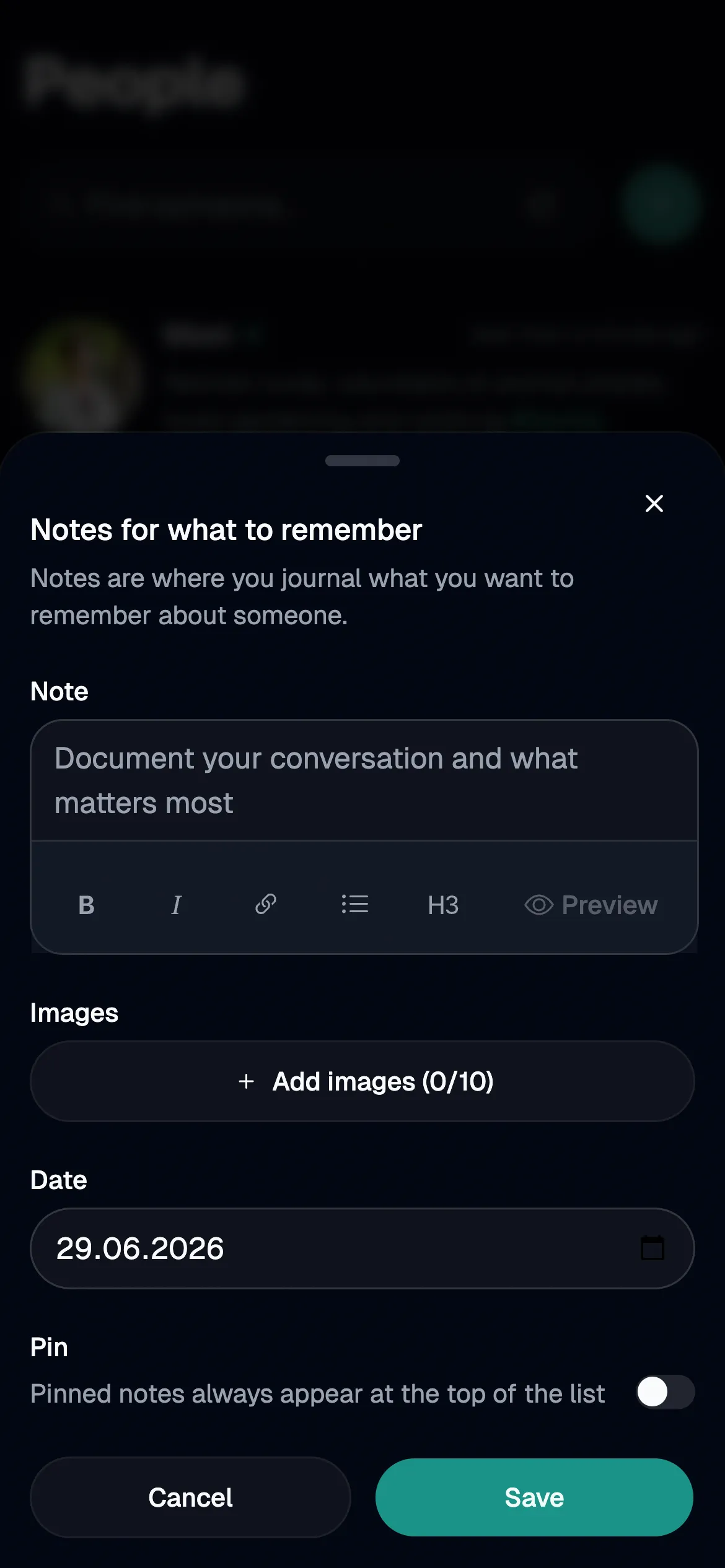 The dialog for adding a note about a person